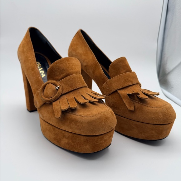 Prada Platform Loafers Suede Cognac Brown Kiltie Fringe Block Heel - Picture 2 of 7